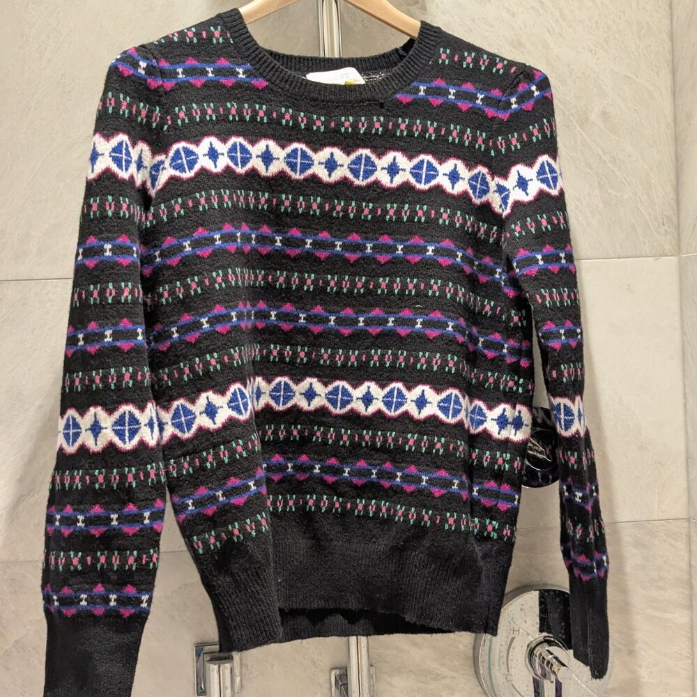 NWT Loft Fair Isle Sweater Sz L  Black Pink Multi Crew Neck Puff Sleeve